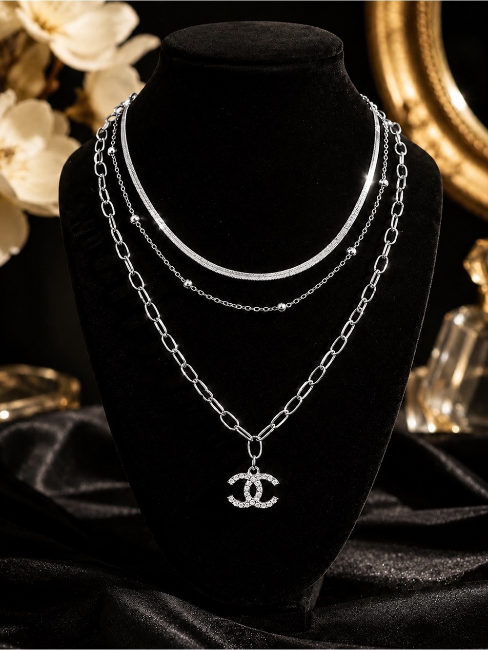 Silver Layered Necklace with Crystal CC Pendant